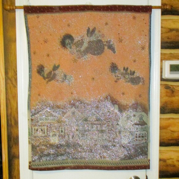 Debbie Mumm Glittery Snowy Tapestry Wall Hanging With Flying Snowmen & Houses - Picture 2 of 4